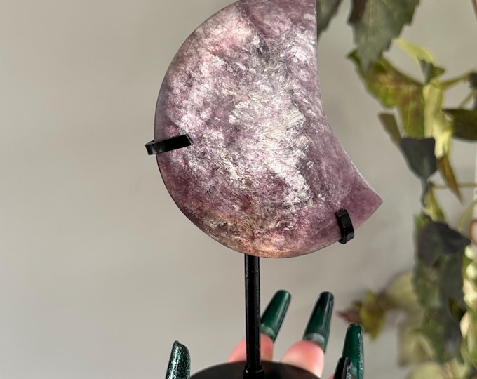 Gem Lepidolite Purple Mica Moon Carving on Stand