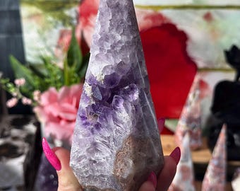 1.4 LB Brazilian Amethyst Tower with Calcite, Green Chlorite and Pink Jasper Inclusions