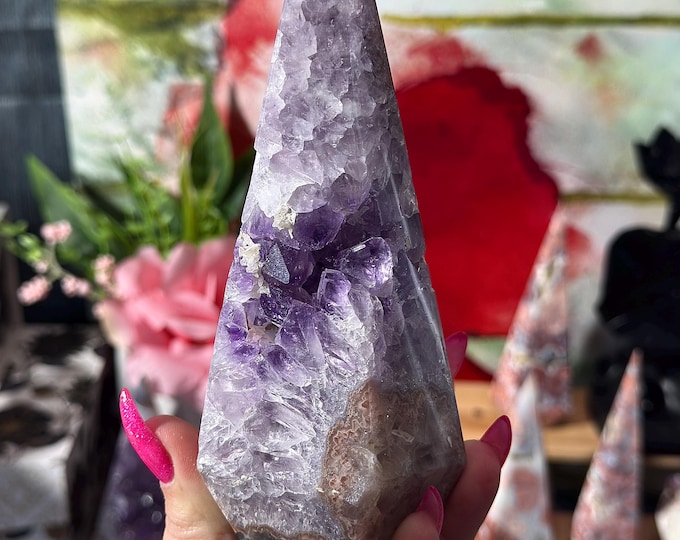 1.4 LB Brazilian Amethyst Tower with Calcite, Green Chlorite and Pink Jasper Inclusions
