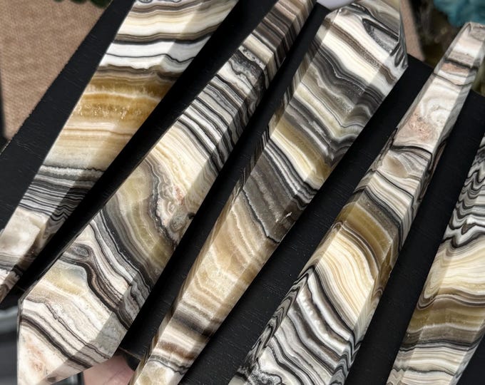 Yellow Banded Honey Calcite and Onyx Wands on stand
