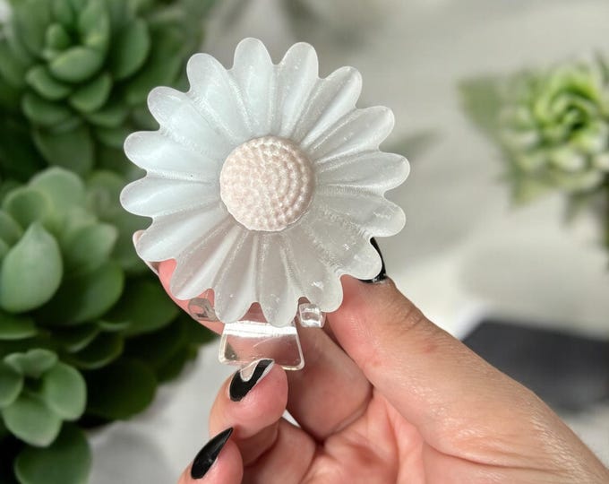 Selenite and Pink Opal Daisy Flower with Stand