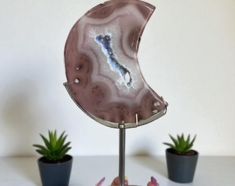 XL Pink Jelly Agate Druzy Moon on Stand