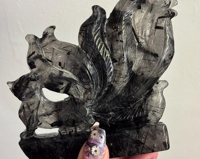 Black Tourmaline in Quartz Nine Tail Fox Carving
