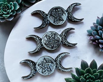 HQ Silver Sheen Obsidian Triple Moon Pentagram Carvings