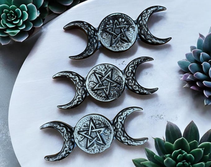 HQ Silver Sheen Obsidian Triple Moon Pentagram Carvings