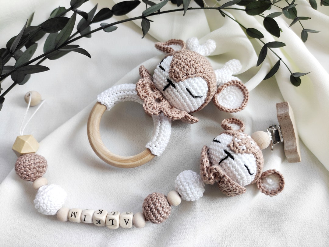 Deer Rattle Box Personalized Deer Baby Crochet Rattle and Pacifier, Deer Rattle ...