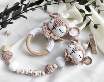 Personalized Deer Baby Crochet Rattle and Pacifier, Deer Rattle, Montessori Baby Toys, Baby Gift Box, Customized Sensory Toys, Baby Boy Gift