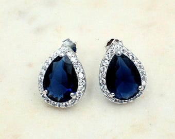 Sapphire Blaue Tropfen Ohrstecker mit Zirkonia - 925 Sterling Silber - Blaue funkelnde Braut Ohrringe Imitation Sapphire Birnenform