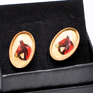 Vintage Horse Cufflinks: Lucite Gold Filled Oval Cufflinks, 1950s
