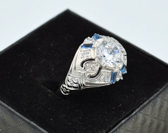 Art Deco Stil Sterling Silber 925 Ring mit Hellblauer & großer Cubic Zirkonia Mitte - Eleganter Ring