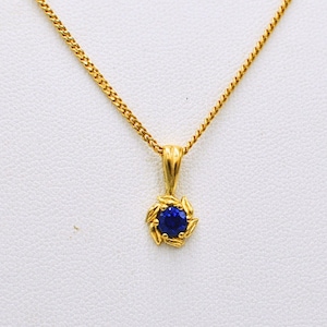Dainty Gold Plated Sterling Silver Imitation Sapphire Pendant On Gold Tone Chain - Vintage Blue and Gold Necklace