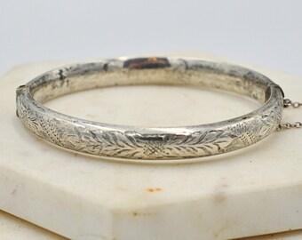 Solid Vintage 925 Sterling Silver Floral Detailed Etched Bangle - Vintage Bangle Jewelry 1985