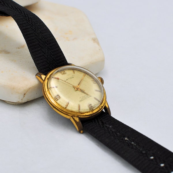 Vintage Men's Mid-Century Wristwatch Lator 17 Jewel Incabloc Swiss Made 1960's - 1970's With Black Fabric Strap