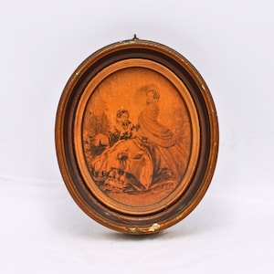 Antique Oval Picture Of Ladies in Waiting - Porcelain over paper Mache Frame