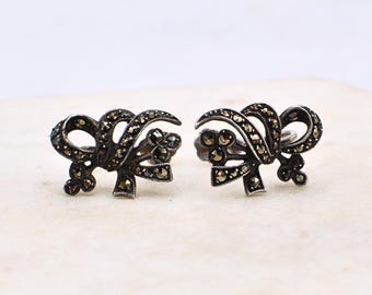 Vintage Art Deco Sterling Silver Marcasite Screw Back Earrings Ornate Bow Ribbon