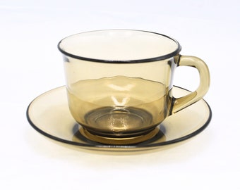 Vintage Arcoroc France Smokey Glass Tea Cup and Saucer - 1970s Mid Century Modern