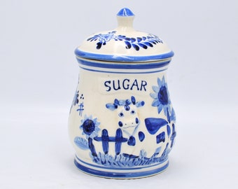 Delfts Holland 'Sugar' Canister with Raised Relief Cow - Vintage Storage Jars Cottage Kitchen in Delft Blue