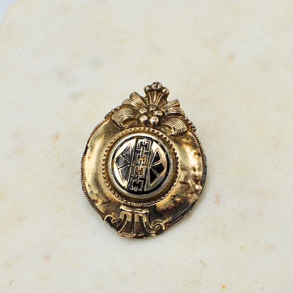 Antique Victorian Rolled Gold and Black Enamel Brooch, Mourning Brooch late 1800's to early 1900's