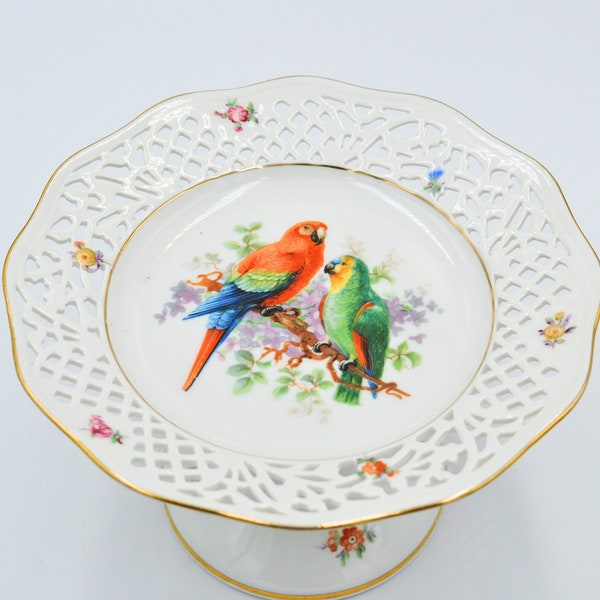 Vintage Schumann Bavaria Germany Cake Stand / Fruit Dish / Comport with Parrots 1980's  Bone China