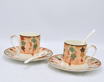 Pair of White Bon Archimedes Demitasse Cup, Saucer and Spoon Set by Keito Japan - Mid Century 1960's Bone China