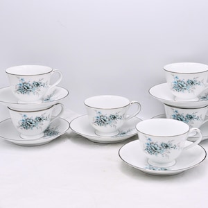 Noritake Sonnet Teacup Set: Blue Floral, Platinum Trim (Set of 6)