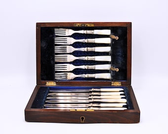 12 Piece Silverplated and Mother of Pearl Handled Knife and Fork Set for Six