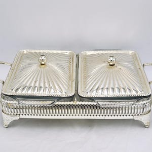 Silverplate And Glass Pyrex Double Serving Dish Stand With Lids - Vintage Silver Serving Ware