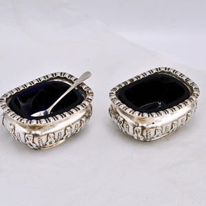 Pair of Sterling Silver Salt Cellars With Cobalt Blue Glass Liners and Silver Spoon - Hallmarked Birmingham 1903 and Spoon 1920