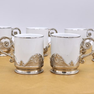 Silver Plated And Porcelain Espresso Cups - Decorative Espresso Coffee Set of 6 from the 1960s
