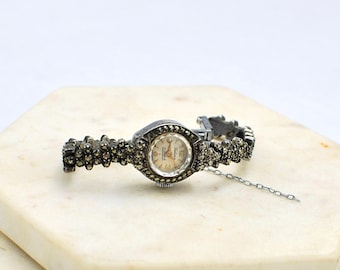 Vintage Felicia Marcasite Sterling Silver Cocktail Watch: 1950s Swiss Made (non-working)