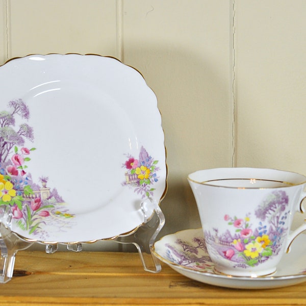 Colclough Trio Royal Vale Pattern 6579 Garden Scene - Purple and White Flowers Cup Saucer Plate Set