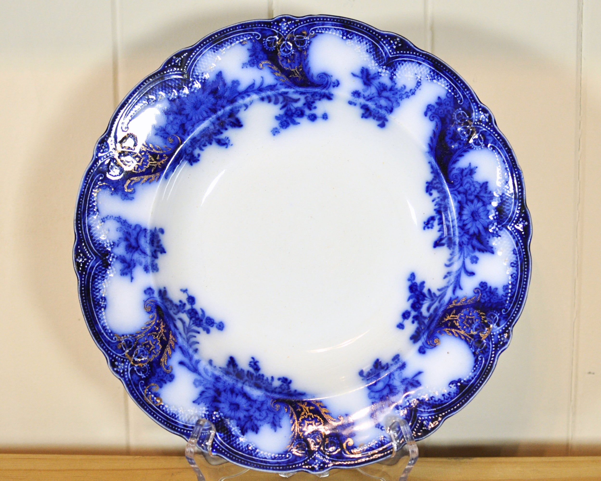 Antique New Wharf Pottery England Shallow Bowl Plate Lois Pattern. Hand Painted C 1880's Colbalt