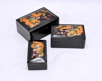 Vintage Foochow China Dragon Lacquer Trinket Box Set of 3 – Chinese Collectible