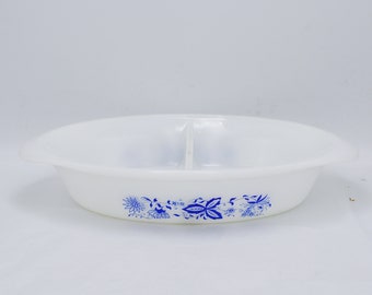 Vintage Agee Pyrex Milk Glass Casserole Dish: Blue Onion Floral Pattern