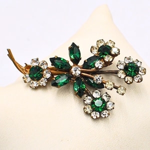 Large Green and Clear Floral Brooch - Sparkly Flower Mid Century Brooch
