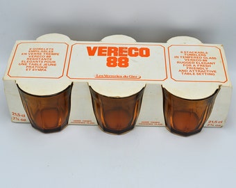 Vereco New-Old Stock, lot de 6 gobelets octogonaux en verre ambré de marque Vereco des années 1980 Fabriqué en France 7 3/4 oz 180 ml