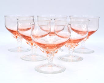 Vintage Pink Coupe Glasses - Mid Century Twist Stem Champagne Set