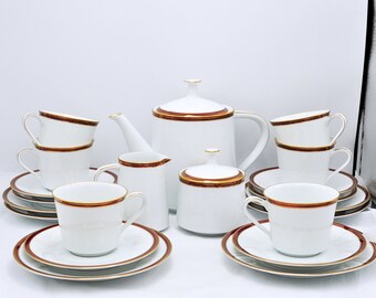 Noritake Royale Claret 6537 Tea Set For Six People With Cake Plates, Milk and Sugar - White, Red and Gold Gilt Set