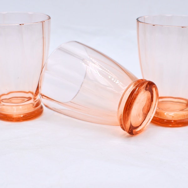 Set 3 Pink Ribbed Glasses - Glass Tumblers / Retro Liquor Glasses - Pink Glassware Mid Century Modern