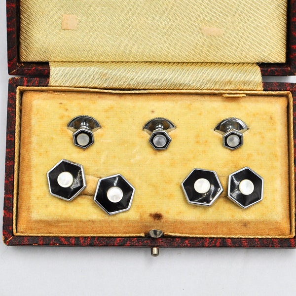 Vintage Boxed Tuxedo Cufflinks Set Silver Tone Black and Mother of Pearl 1950's cufflinks and collars hexagon shape