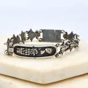 1960s Egyptian Cartouche Bracelet - Vintage 925 Sterling Silver with Hieroglyphics & Lotus Flowers