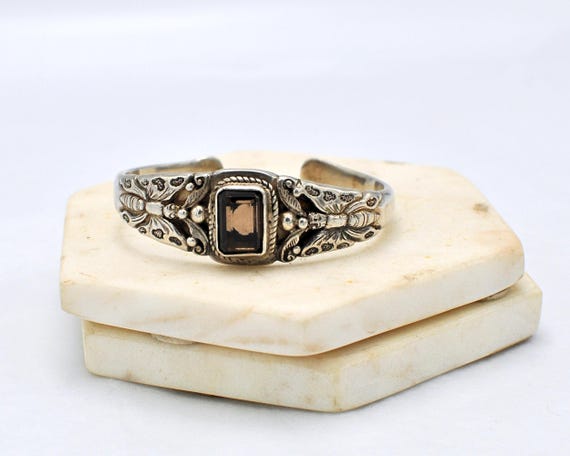 Sterling Silver Butterfly Bangle Cuff with Brown Stone - Vintage Silver Bracelet Jewellery