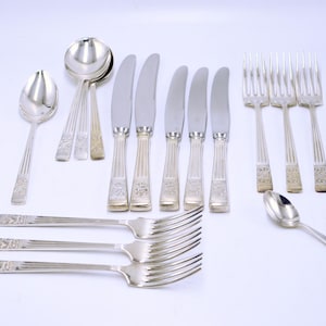 Puede incluir: Un conjunto de cubiertos de tono plateado que incluye tres tenedores de mesa, tres cuchillos, tres cucharas, tres tenedores de ensalada y una cucharilla. Cada pieza presenta un acabado pulido con un patrón decorativo en relieve en el mango.