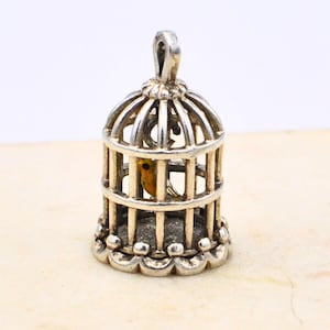 Vintage Silver Bird Cage Charm: Yellow Bird Pendant Necklace