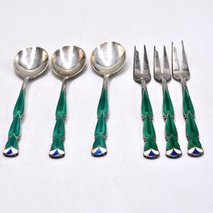Set of Enameled And Silver Plated Cutlery: 3 Dessert Spoons, 3 Dessert Forks Marked G.M Silver - Vintage Silver Plate Cutlery