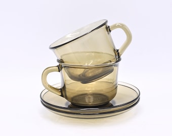 Vintage Arcoroc Smokey Glass Tea Cups and Saucers - Mid Century Modern Set
