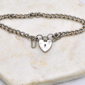 Vintage 925 Sterling Silver Charm Bracelet with Heart Padlock - Hallmarked London 1982