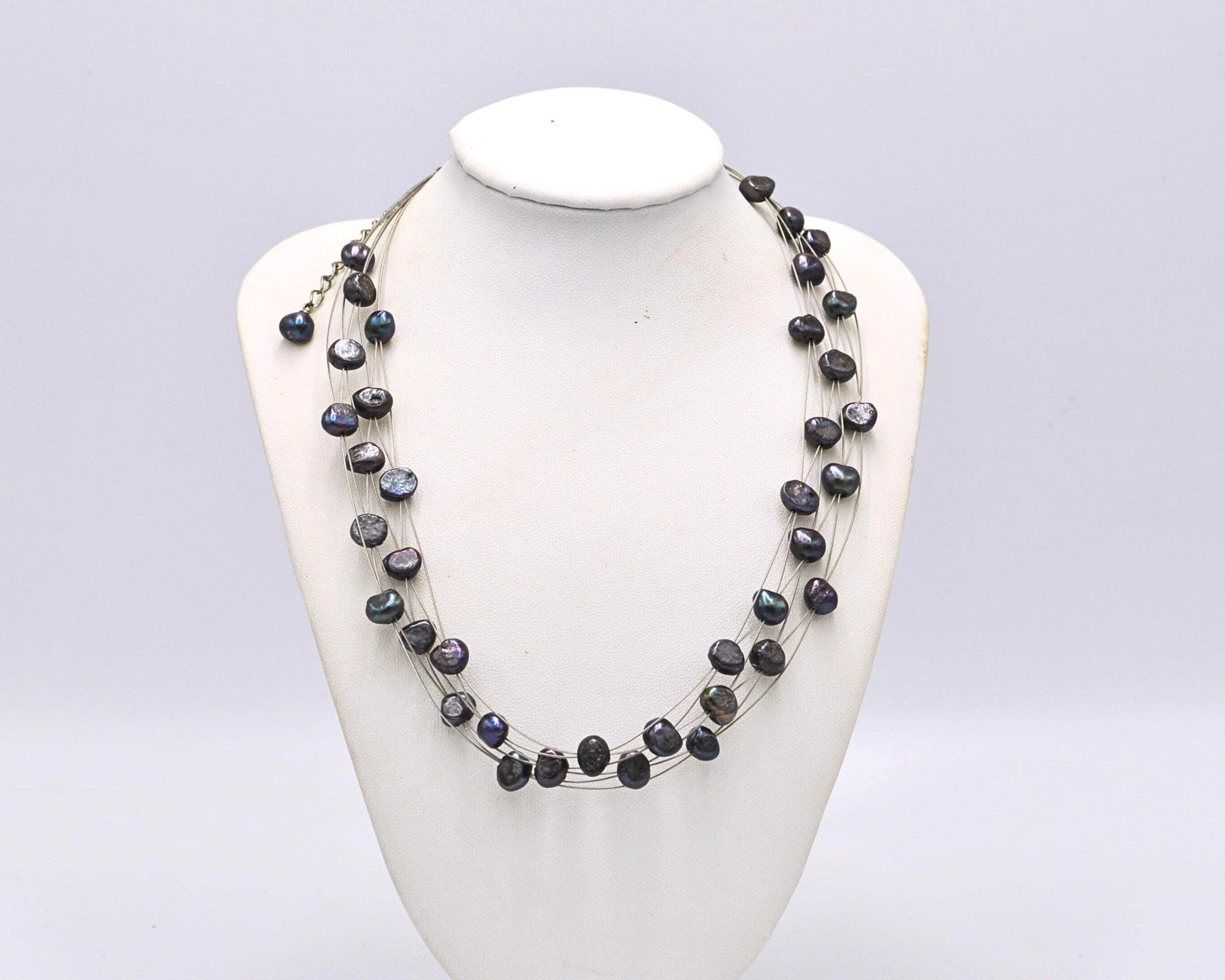 Vintage Baroque Peacock Pearl Necklace: Multi Strand Grey Pearl