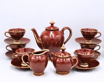 Mid Century Brown and Gold Vintage Florentine Coffee Set for 6 People - Espresso Cups and Saucers with Gold Trim - 1950's Fiorentine Italy