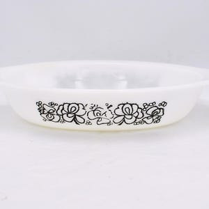 Vintage Pyrex &#39;Clover&#39; Casserole Dish: Black Flowers on Milk Glass